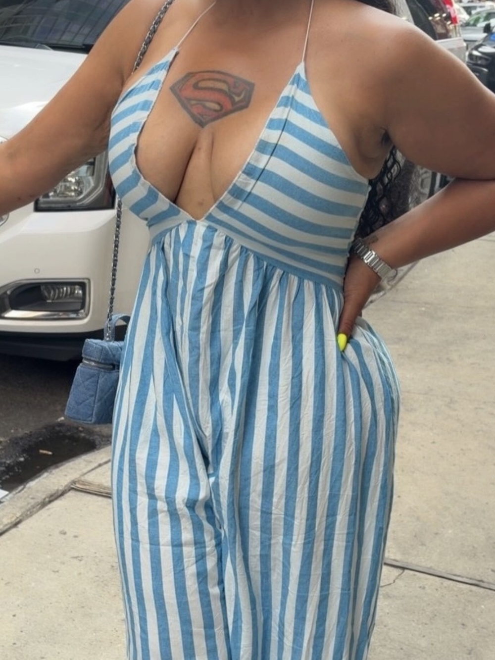 SHEIN Blue and White Striped Spaghetti Strap Jumpsuit